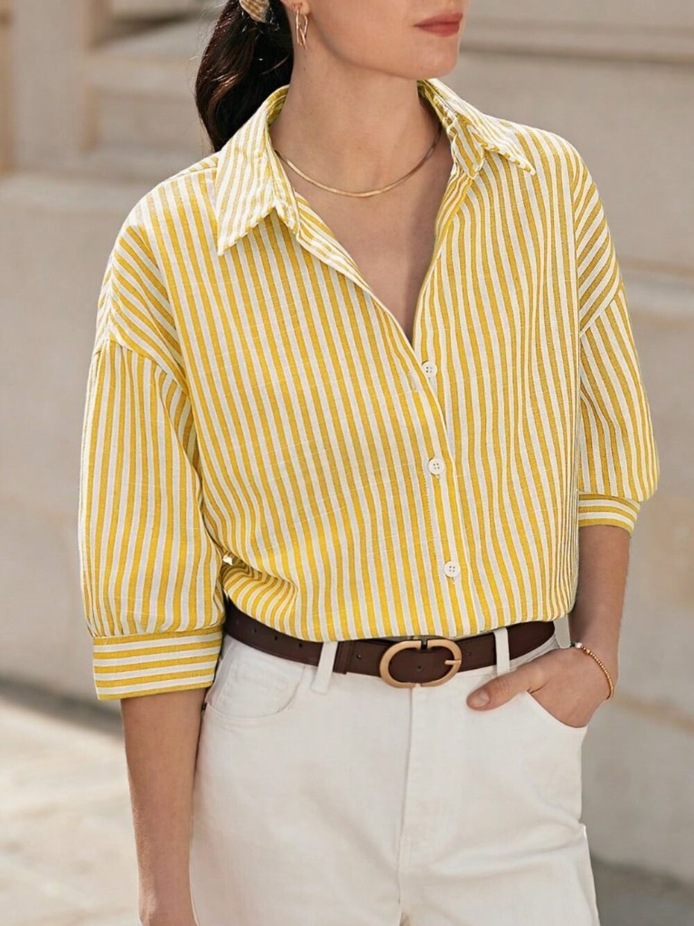 Multi-color Drop Shoulder Women's Long Sleeve Striped Casual Button-Down Shirt - Picture 3 of 6